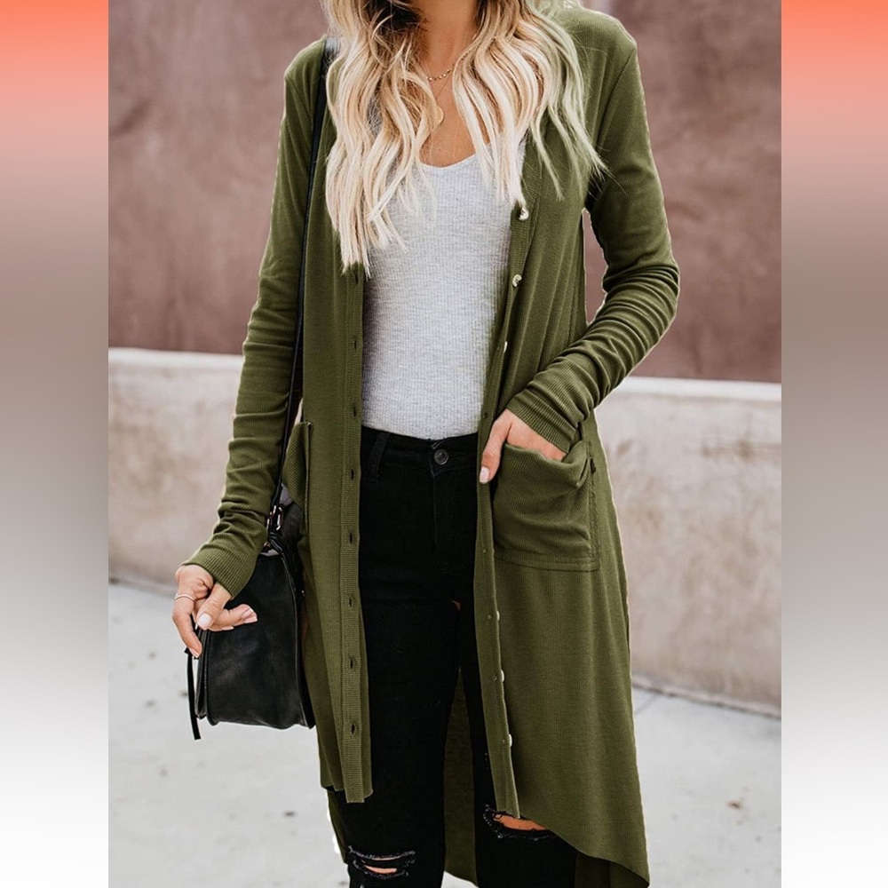 NWT Naggoo Long Button Down High Low Cardigan with Pockets in Olive Green